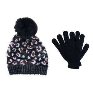 CTM Girl's 7-14 Leopard Print Winter Pom Hat and Glove Set by Connex Gear